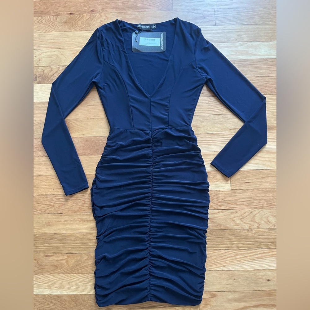 Prettittlethings size 2 Shape Navy Ruched Slinky Mini Dress